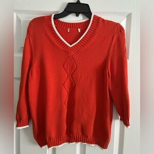 Faconnable orange V-neck sweater with white trim and a cable-knit 100% Cotton